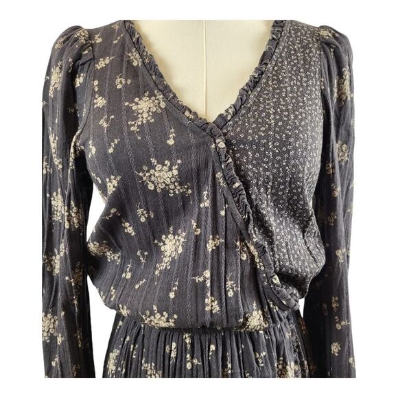 American Eagle Outfitters Small Mini Dress Cotton Brown and Tan Floral Faux Wrap - Picture 5 of 16